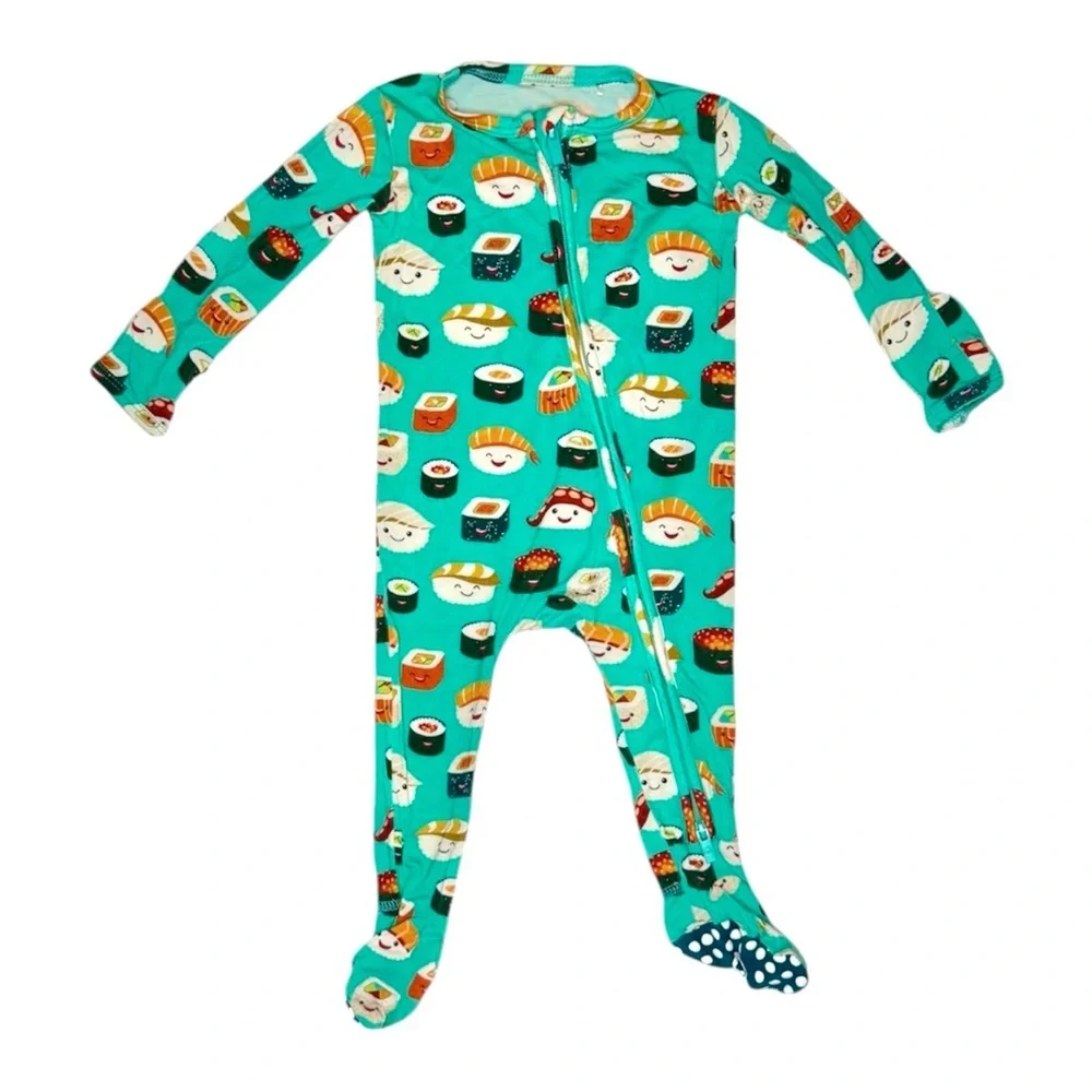 🍣NWOT Bums and Roses sushi sashimi roll 0/3m zippered footed romper bamboo pjs